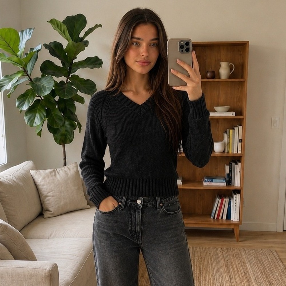 Relativity Womens Sweater S Black V-Neck Raglan Ribbed Grunge‎ Goth Minimalist